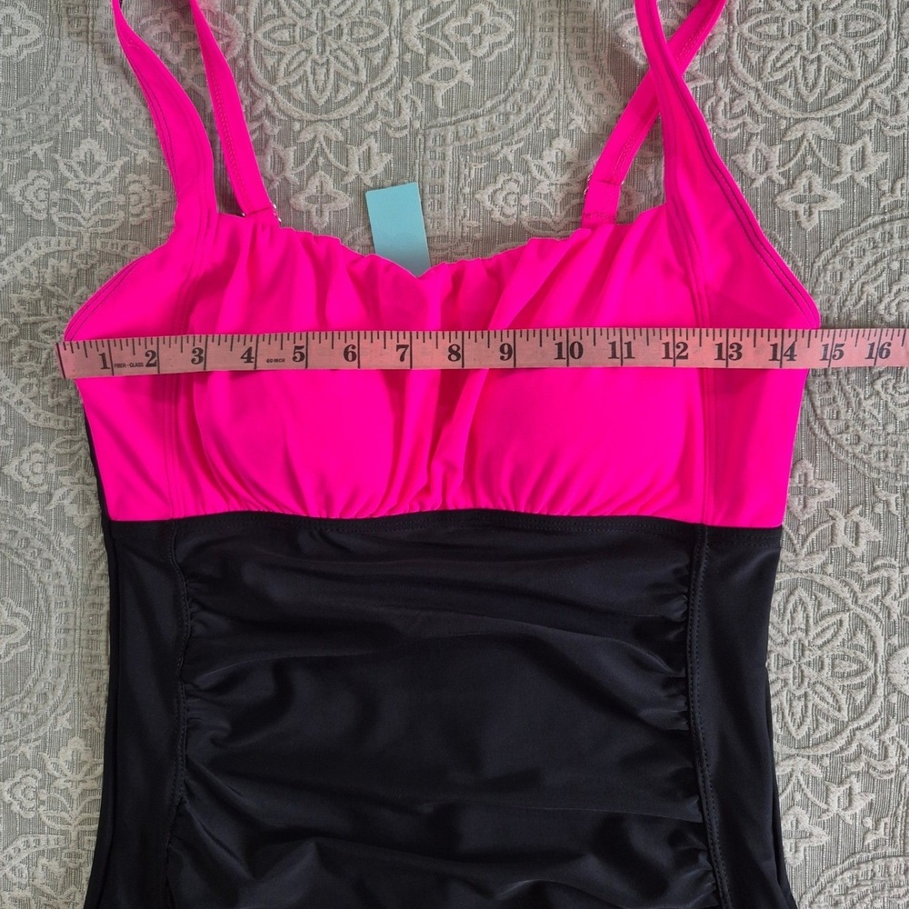 Aqua Eve One Piece Swimsuit Neon Pink Black Ruched Tummy Control Large NWT - Picture 3 of 7